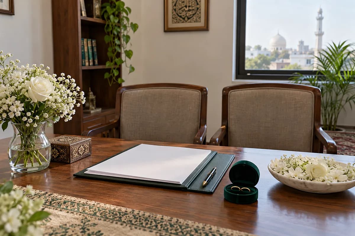 Illustrative simple Nikah appointment setting with flowers and two chairs