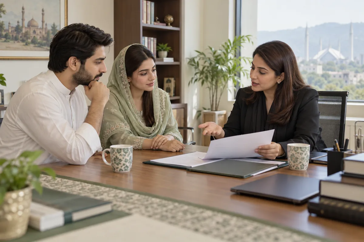 Illustrative Pakistani couple discussing marriage registration with an adviser