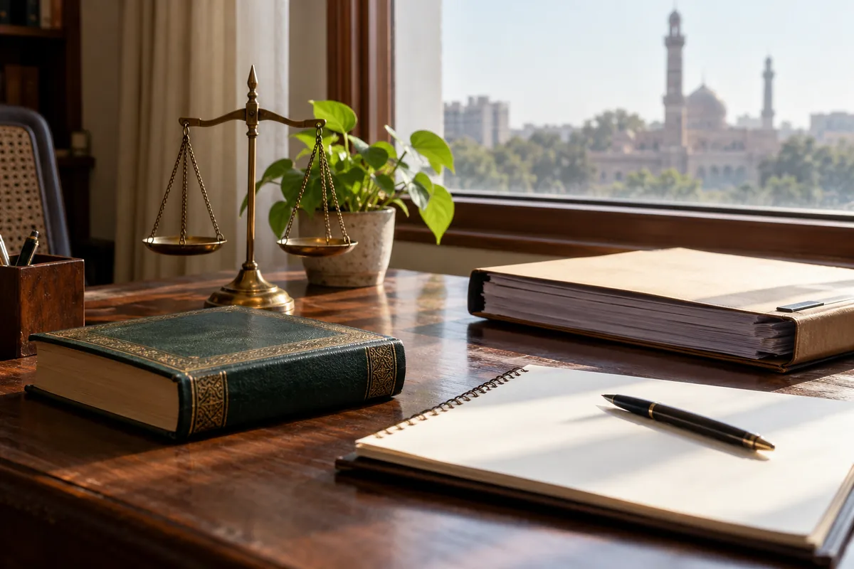 Illustrative separate religious-study book and legal file for a divorce review