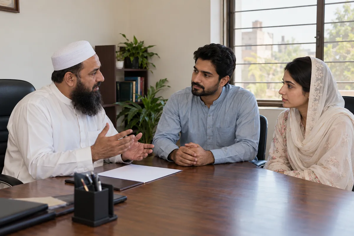 Illustrative Pakistani officiant discussing ceremony preparation with adult clients