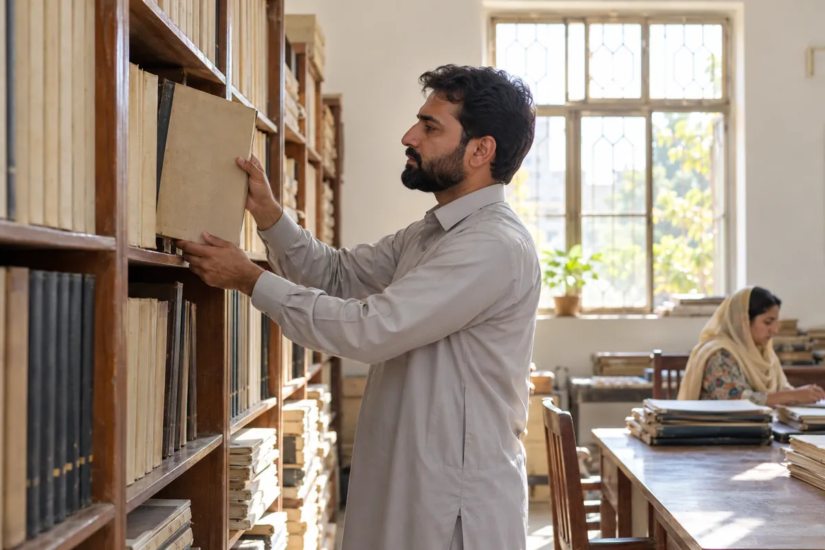 Illustrative records clerk retrieving a register from archive shelves