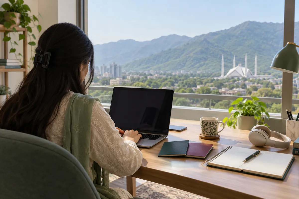 Illustrative remote coordination workspace overlooking Islamabad hills