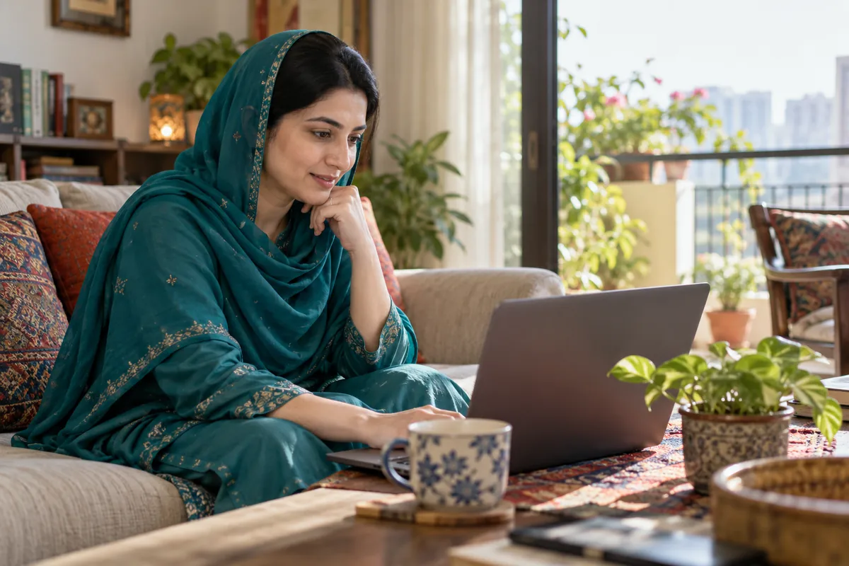 Illustrative adult Pakistani woman attending a private video consultation from home