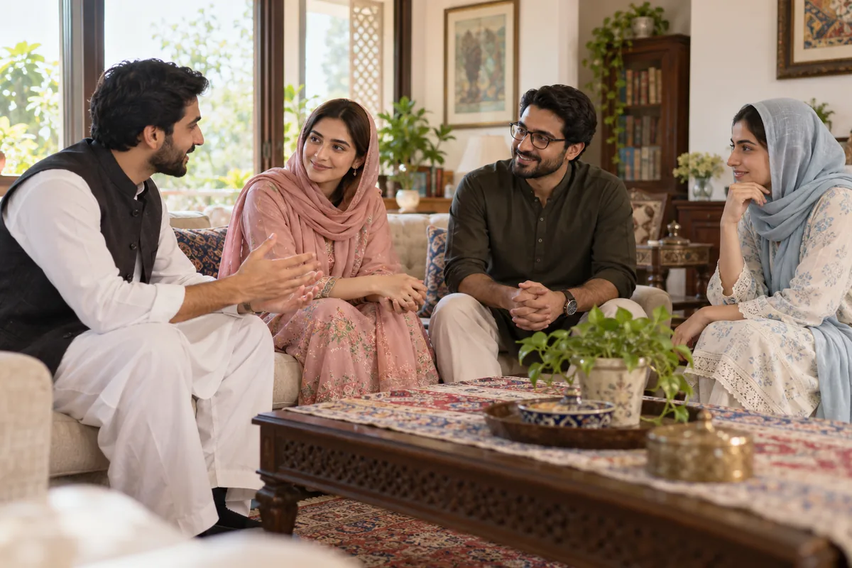 Illustrative adult Pakistani friends discussing their roles as witnesses before a Nikah appointment