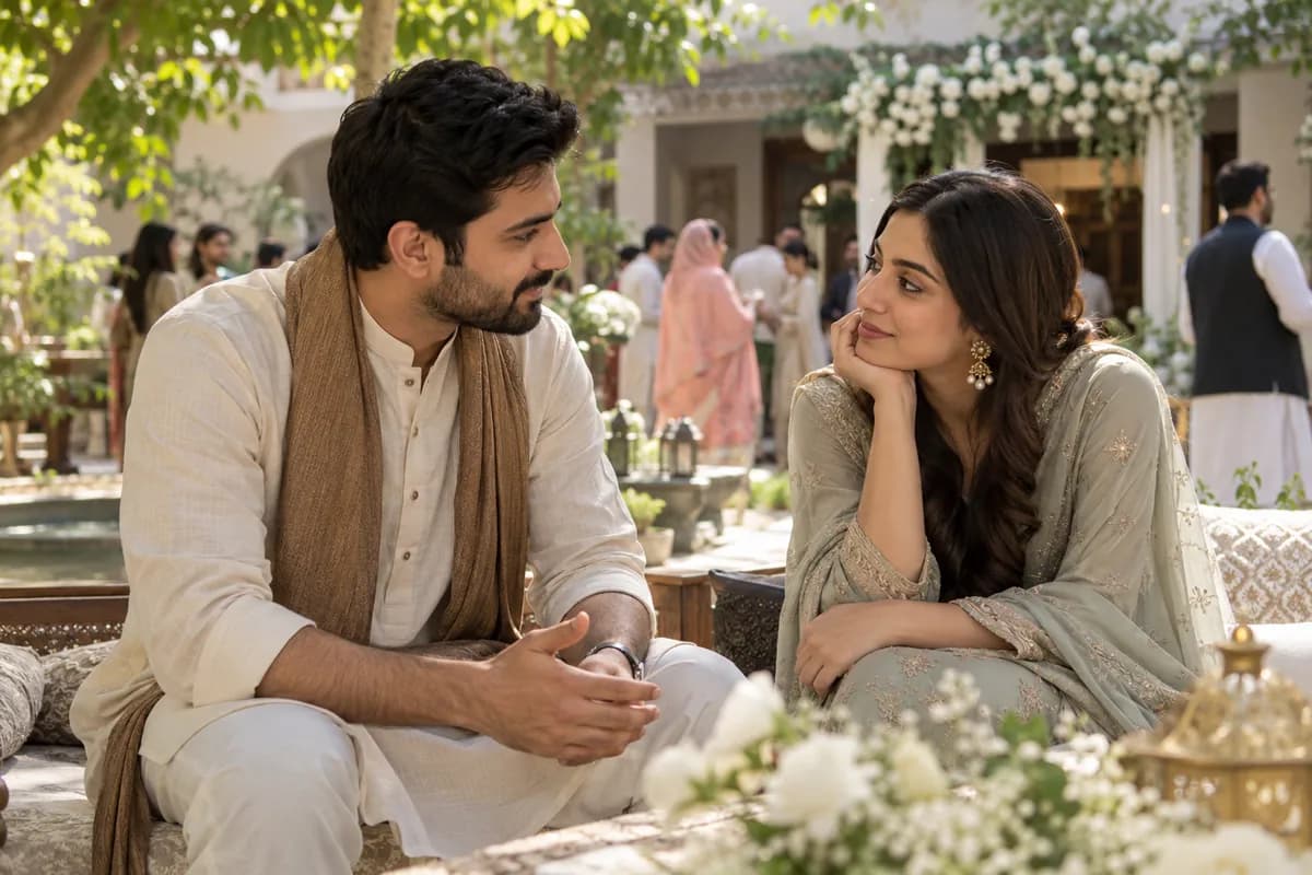 Illustrative Pakistani couple discussing wedding plans in a leafy courtyard