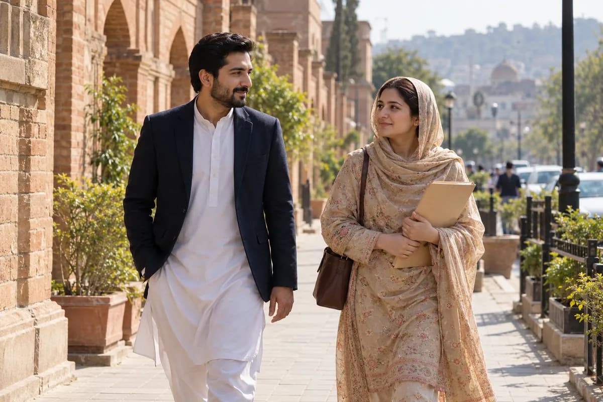 Illustrative adult Pakistani couple travelling to an appointment in a Rawalpindi-style streetscape
