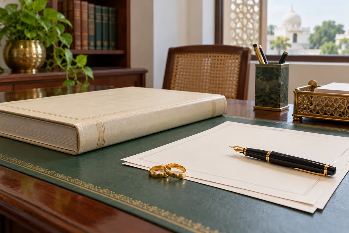 Marriage registration ledger, cream document folder and wedding rings on a green desk