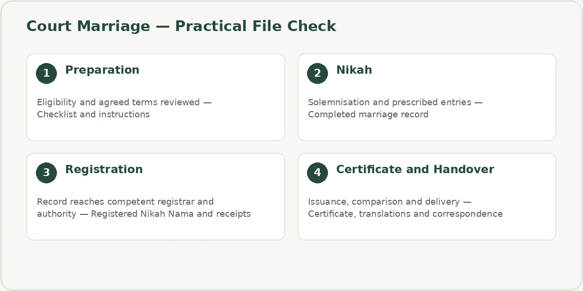 Court Marriage file checklist covering Preparation, Nikah, Registration, Certificate and Handover