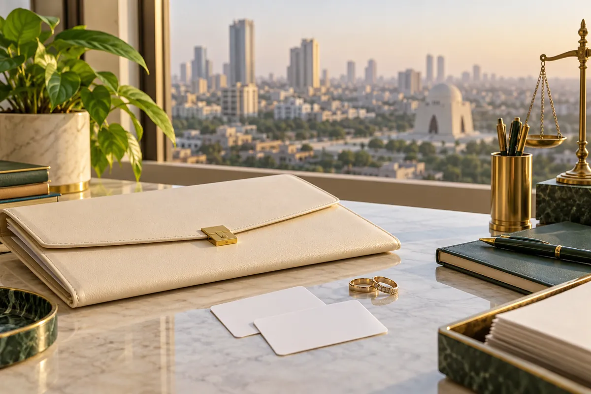 Karachi office setting with an organized marriage-document file
