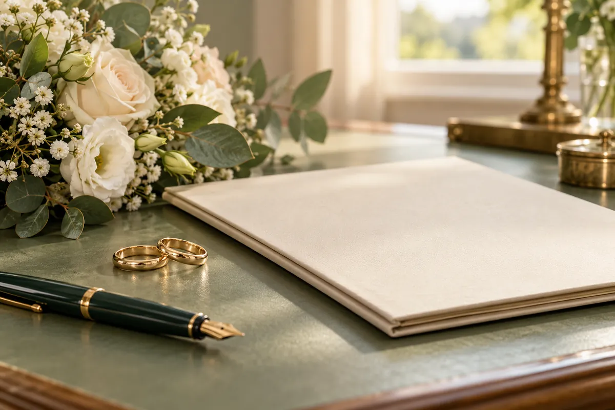 Wedding bands and a marriage-document folder representing an informed commitment