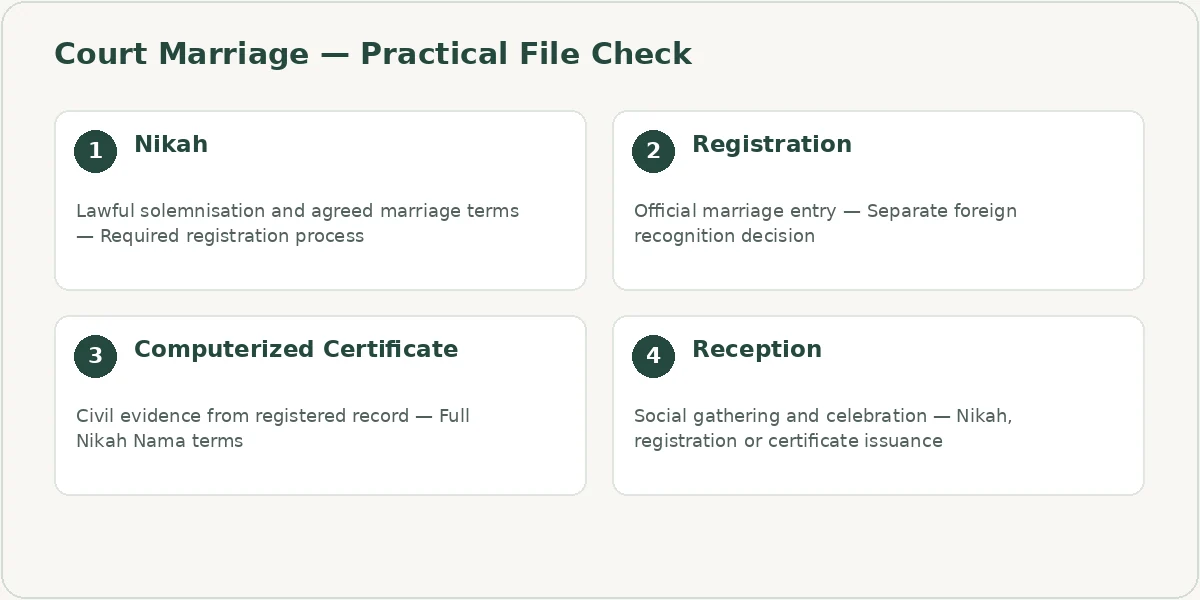 Court Marriage file checklist covering Nikah, Registration, Computerized Certificate, Reception