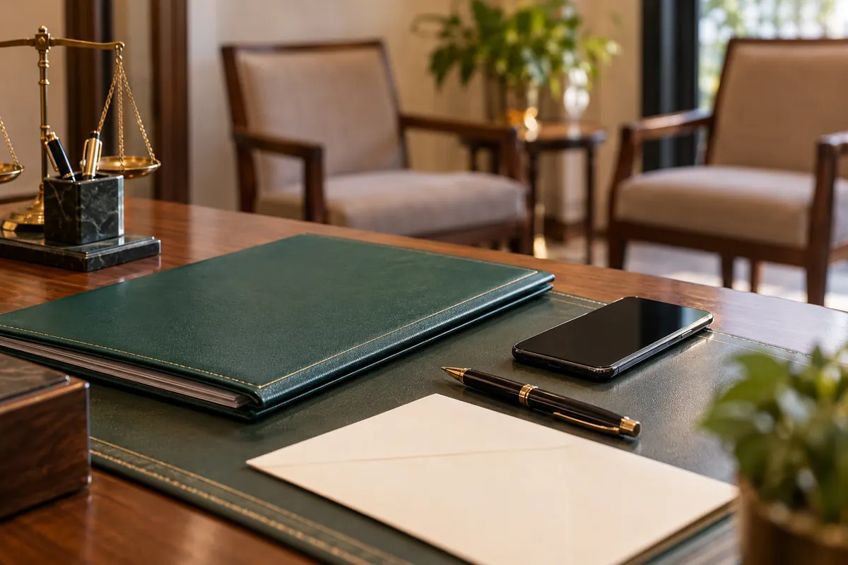 Illustrative consultation desk with a green folder, phone, pen and writing paper beside waiting chairs