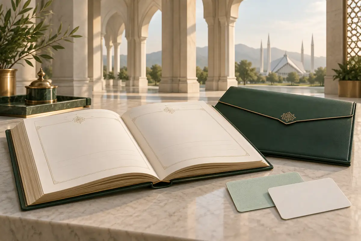 Court Marriage in Pakistan: illustrated marriage register, blank identity cards and green document folder