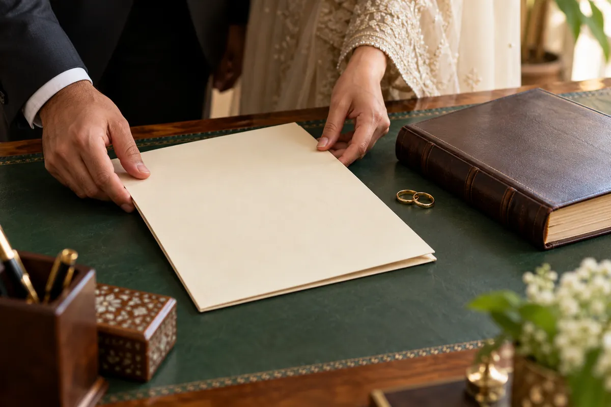 Illustrative marriage documents and wedding rings prepared for registration