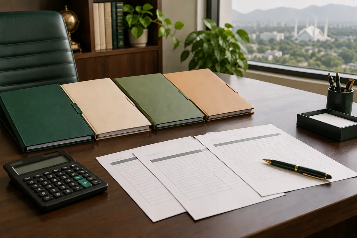 Marriage Certificate Fees in Karachi, Islamabad, Rawalpindi and Lahore Four document folders beside a calculator and blank quotation sheets