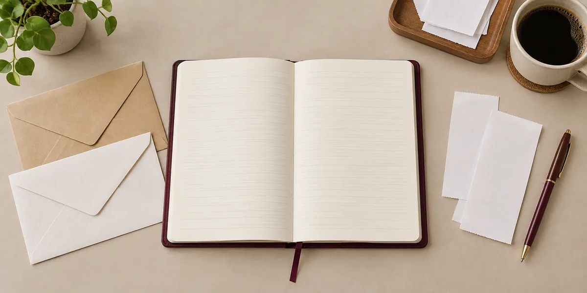 Blank expense notebook with envelopes and receipt-sized slips